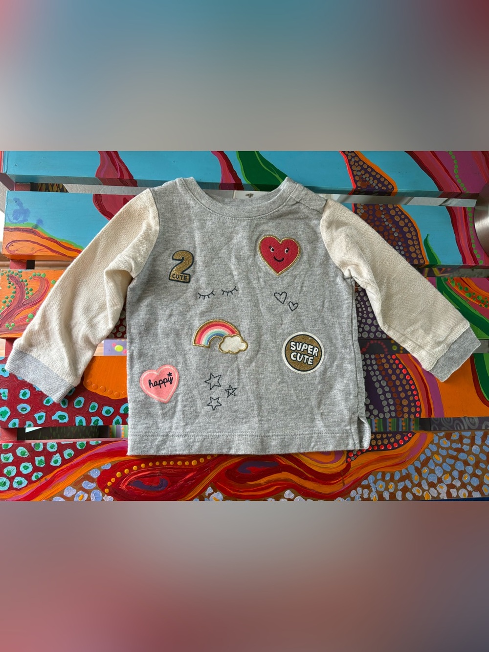 Carter's Gray & Cream Long Sleeve Tee with Colorful Patch Accents